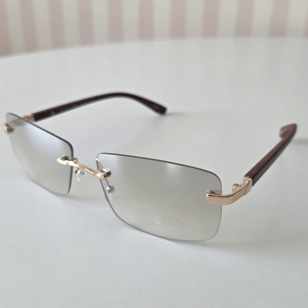 NWT Rimless Gray Lens Wayfare Wood Temple Sunglasses Gold Accent UV 400 133mm